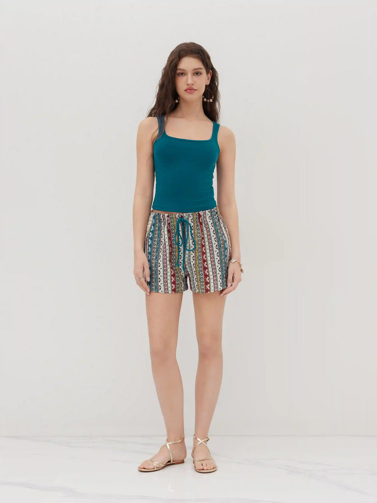 Square Neck Solid Crop Tank Top With Mid Rise Aztec Knotted Pocket Shorts