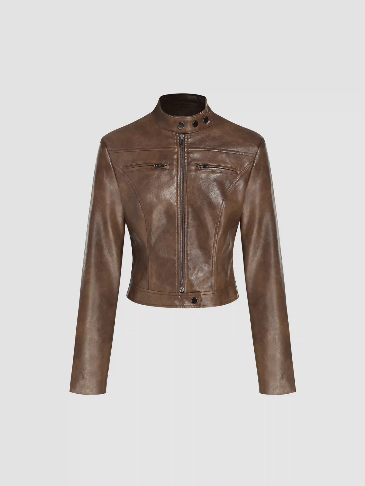 Faux Leather Stand Collar Zipper Biker Jacket