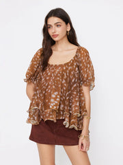 Chiffon U-neckline Deer Print Tie Back Ruffle Puff Sleeve Blouse