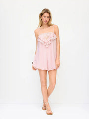 Square Neck Lace Panel Ruffled Mid Rise Bubble Hem Romper
