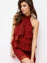 Chiffon Cherry Graphic Halter Neckline Ruffled Tie Back Blouse