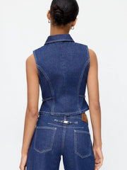 Denim Zip Through Metal Detail Top