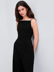 Cotton-blend Square Neck Solid Shirred Jumpsuit