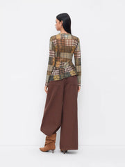 Mesh Stand Collar Long Sleeve Checks Ruffle Floral Top