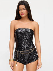Sequin Bandeau Cami Romper With Waist Chain