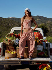Cotton-blend Gingham Adjustable Drawstring Hem Balloon Pants