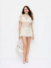Lace Round Neck Ruffle Sleeve Short Sleeve Sheer Top