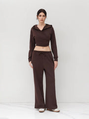 Cotton-blend Solid Ruched Hoodie & Mid Rise Elastic Waist Knotted Straight Leg Trousers Set