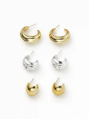 3 PAIRS C-SHAPED HOOP EARRINGS