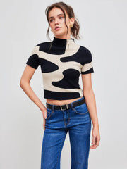 Knit High Neck Zebra Stripe Short Sleeve Top