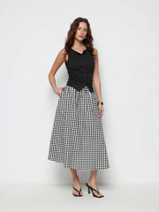 Cotton Button Top &  Gingham A-line Maxi Skirt Set