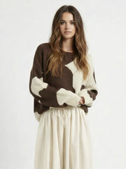 Knit Wool-blend Cow Pattern Round Neck Oversized Sweater