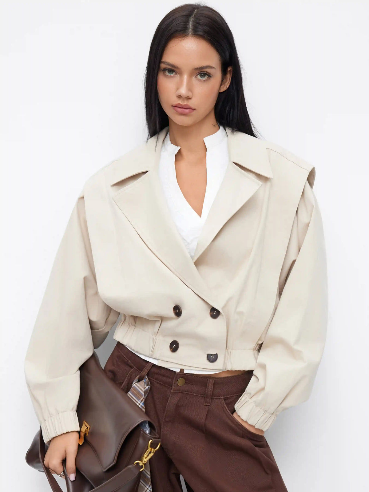Cotton Notched Collar Double Breasted Elastic Waist Cropped Jacket