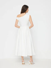 Asymmetrical Neck Pleated Ruffle Maxi Dress
