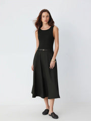 Round Neckline Sleeveless Pocket Midi Flared Dress With Belt