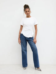 Cotton-blend Round Neckline Ruched Asymmetrical Hem Tee