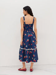Square Neck Strawberry Shirred Tiered Maxi Dress
