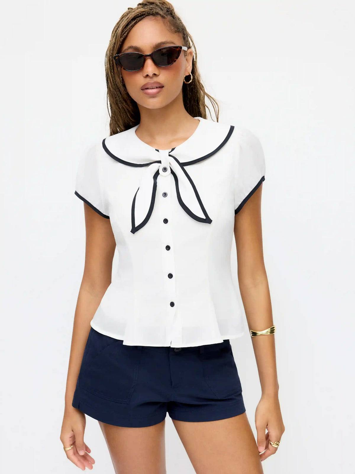 Chiffon Peter Pan Collar Short Sleeve Bowknot Contrast Binding Blouse