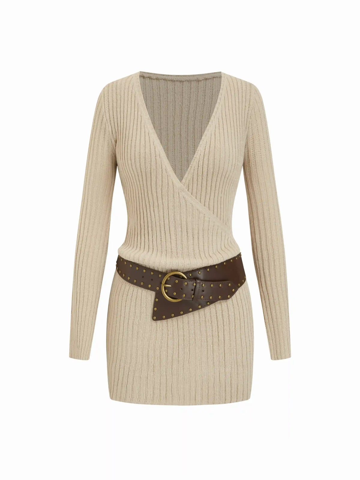 Knit V-neck Wrap A-line Mini Dress With Belt