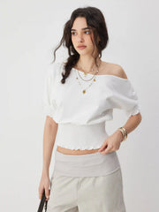 Cotton-blend Asymmetrical Neck Ruffled Sleeve Shirred Oversized Tee