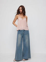 V-neck Lace Panel Ruched Cami Blouse