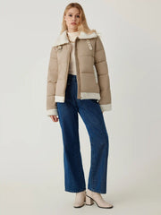 Fleece Buckle Collar  Patchy Zipper Puffer Jacket