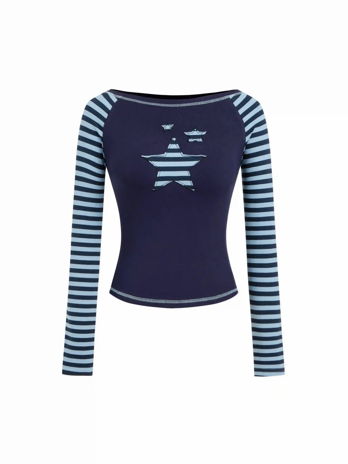 Cotton-blend Boat Neck Striped Star Appliques Tee