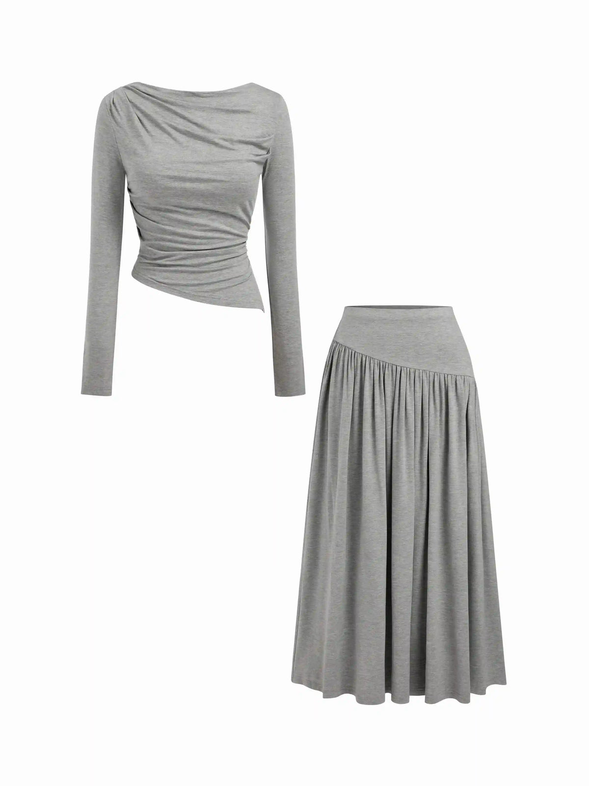 Boat Neck Ruched Asymmetrical Hem Top & Elastic Waist Maxi Skirt Set