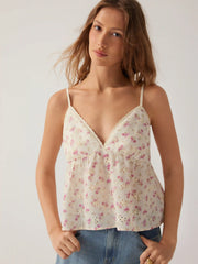 V-Neck Floral Lace Panel Cami Top