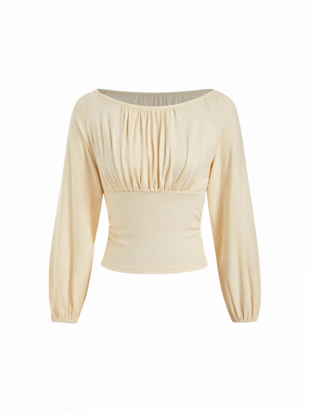 Boat Neck Ruched Puff Long Sleeve Blouse