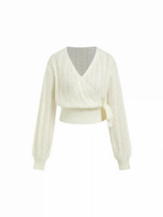 Cable Knit V-Neck Knotted Hollow Out Top
