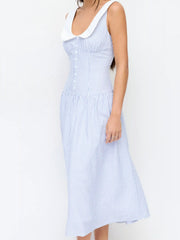 Linen-Blend Sculptural Striped U-neckline Lace up Backless Maxi Dress
