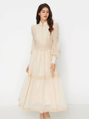 Chiffon High Neck Contrasting Lace Cinched Waist A-line Maxi Dress