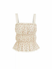 Cotton-blend Cherry Graphic Square Neck Lace Trim Tank Top