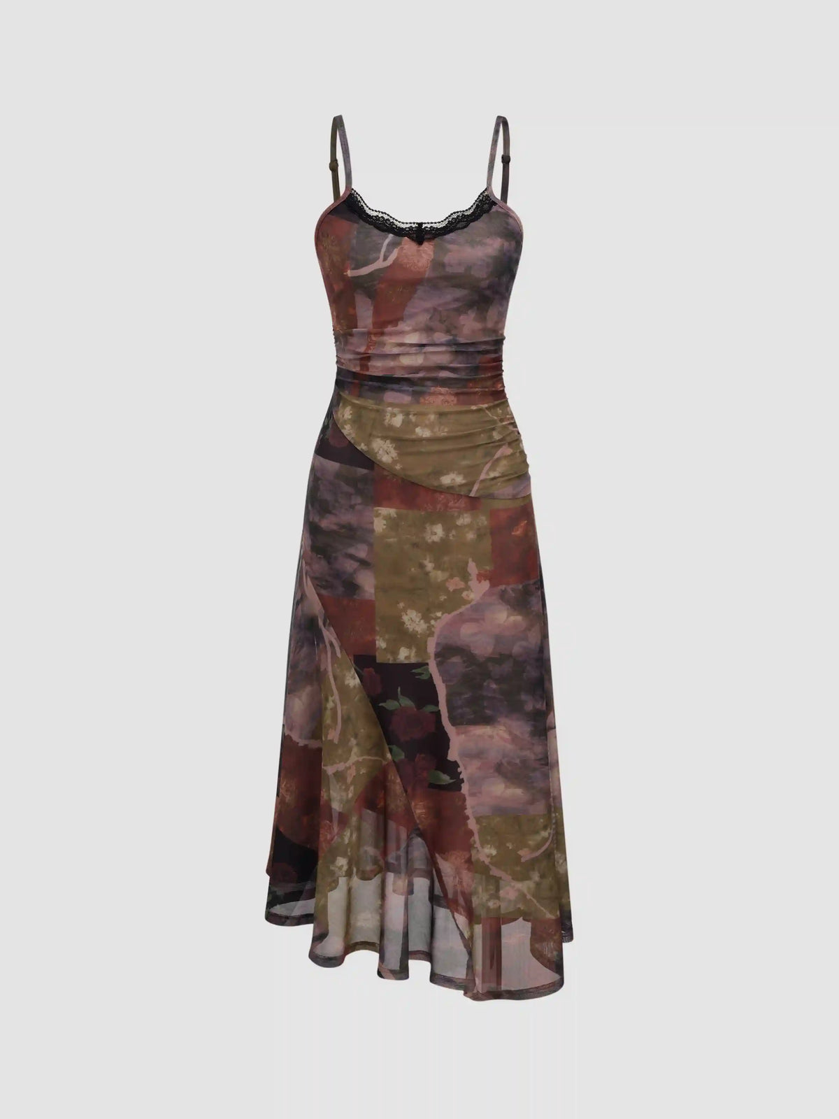 U-neckline Floral Patchy Lace Trim Asymmetrical Hem Midi Dress