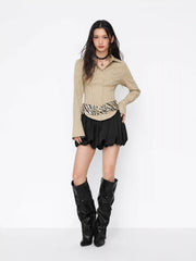 Cotton-blend Striped Collar Bell Sleeve Curved Hem Button Shirt