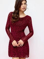 Mesh Heart Boat Neck Bell Sleeve Flocking Mini Dress