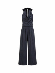 Striped Cowl Neck Tie Back Wide Leg Jumpsuit