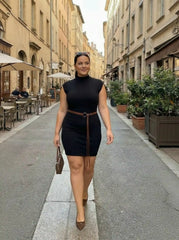 Knit Stand Collar Straight Mini Dress With Belt Curve & Plus