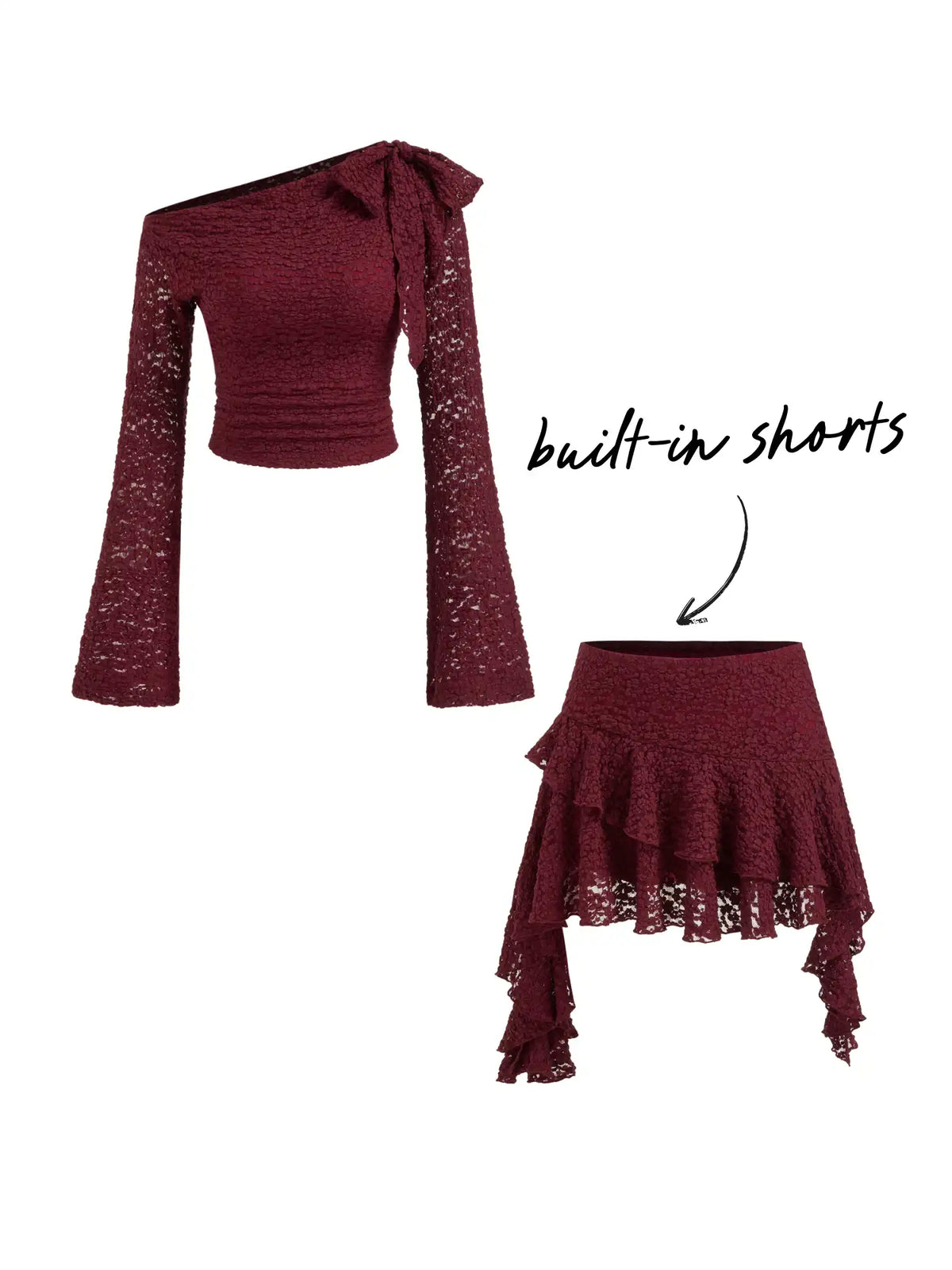 Lace Asymmetrical Neck Ruched Bell Sleeve Top & Layered Ruffle Hem Mini Skirt Set