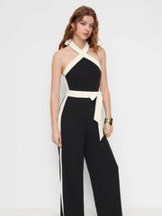 Two Tone Halter Neckline Wide Leg Jumpsuit With Belt