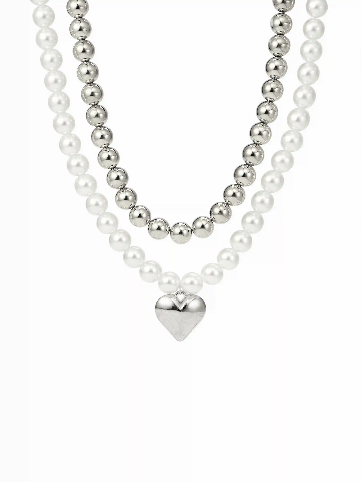 DOUBLE-LAYER FAUX PEARL BEADED HEART PENDANT NECKLACE