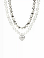 DOUBLE-LAYER FAUX PEARL BEADED HEART PENDANT NECKLACE
