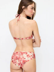 Floral & Leopard Halter Neckline Ring Detail Triangle Bikini Set With Sarong