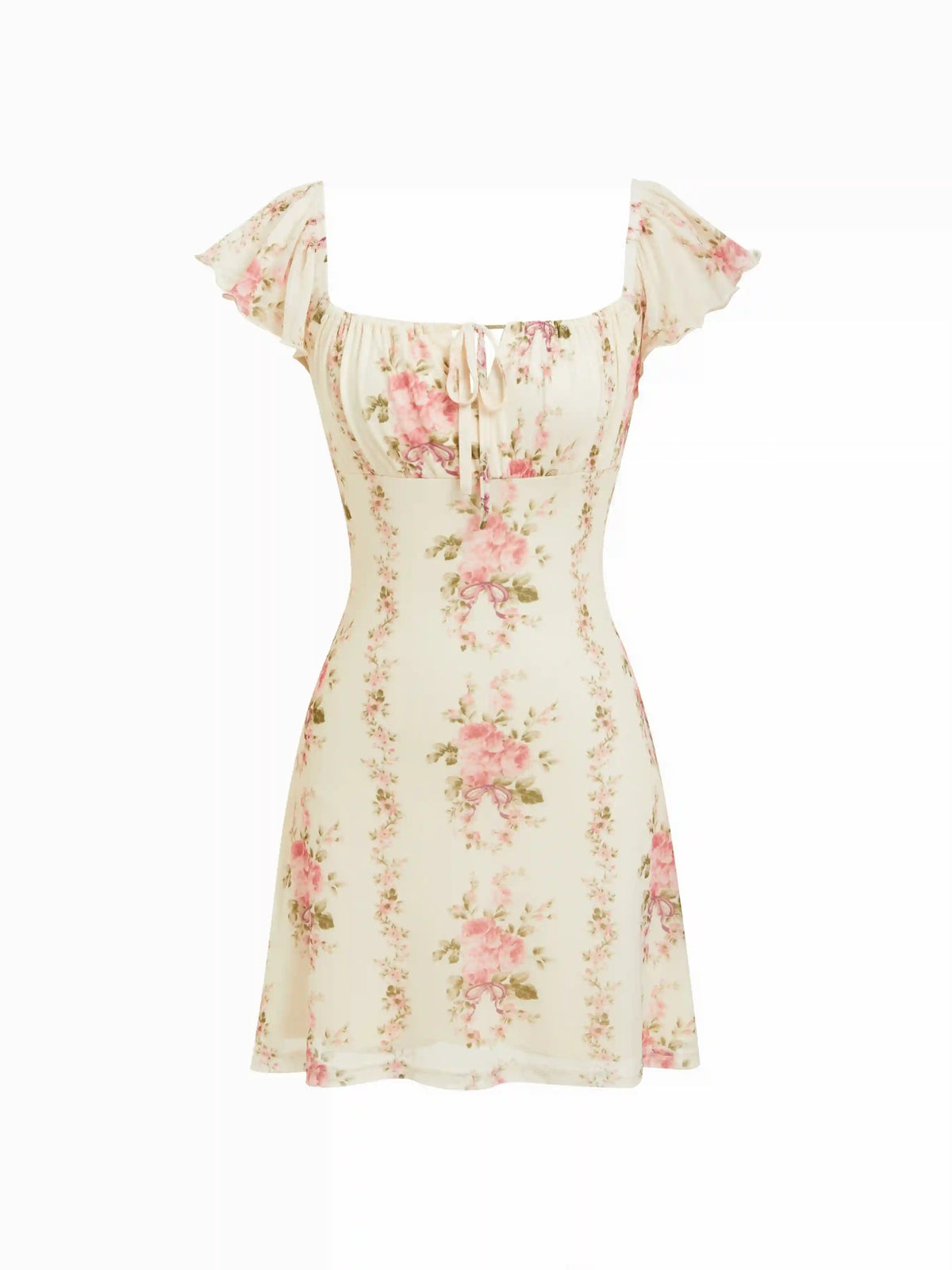 Chiffon Floral Square Neck Ruffle Sleeve Tie Front A-line Mini Dress