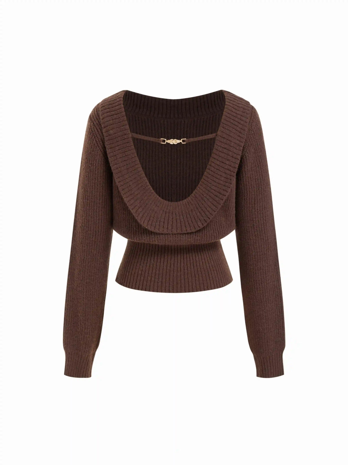 Knit Boat Neck Backless Chain Detail Long Sleeve Top