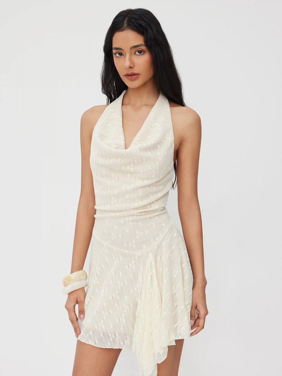 Cowl Halter Neckline Lace Knotted Ruffle Mini Dress