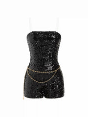 Sequin Bandeau Cami Romper With Waist Chain