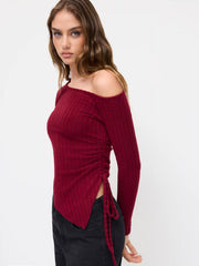 Brushed Fabric Asymmetrical Neck Hanky Hem Ruched Drawstring Top