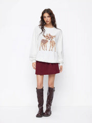 Cotton-blend Deer Graphic Bowknot Oversized Sweatshirt